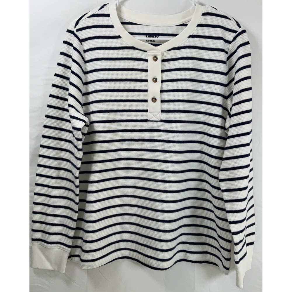 NWOT Women's Lands' End Long Sleeve Waffle Knit Henley Shirt Cream Navy Stripe M